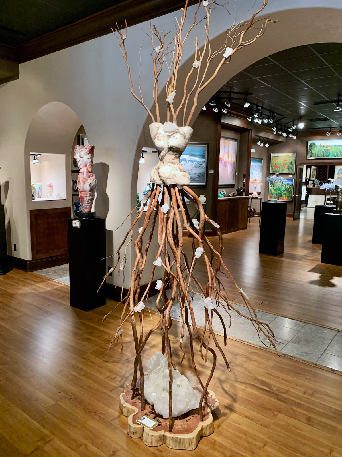 Estella Fransbergen - Horse Hair Clay Torso with Dragon Wood and Arkansas Quartz Crystals on Wood Base