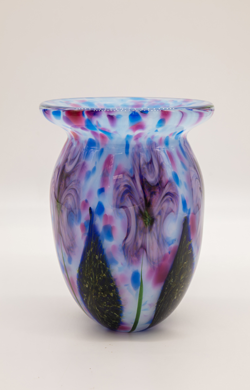 Robert Lagestee - Cotton Candy Vase with Wispy Purple Triple Heart Flowers