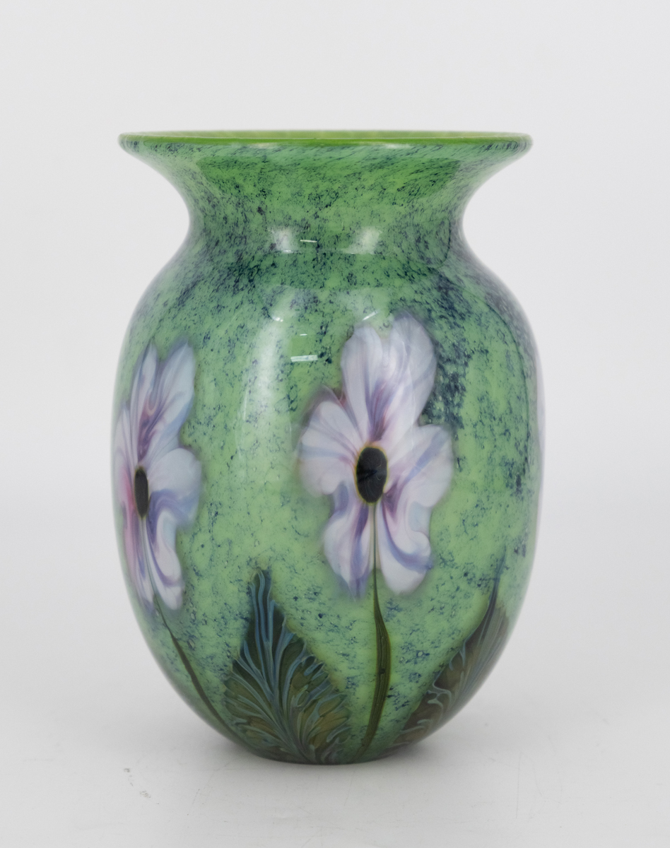 Robert Lagestee - Opal Green Cypriot Vase with Lavender Triple Heart Blossoms