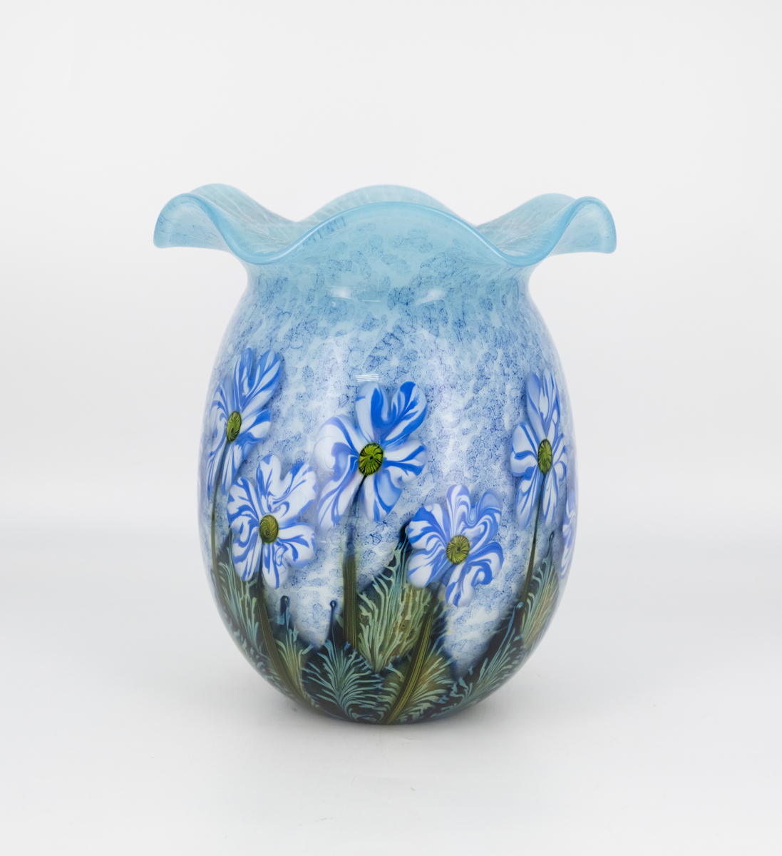 Robert Lagestee - Copper Blue Opal Cypriot Vase with Cobalt Triple Heart Blossoms