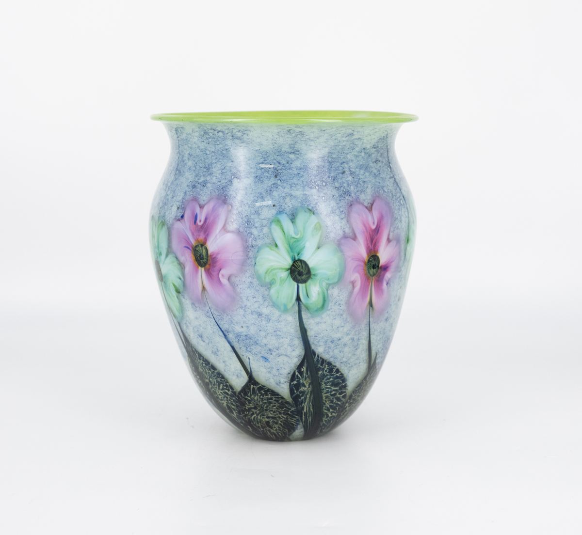 Robert Lagestee - Opal Cypriot Frosted Green Vase with Seafoam Triple Heart Blossoms