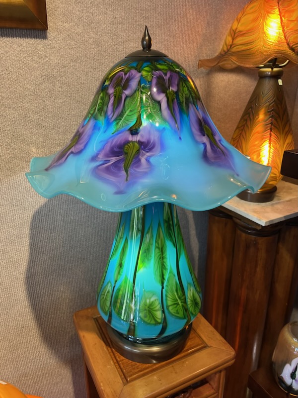 Daniel Lotton - Fluted Aqua Table Lamp with Purple Iris Flowers